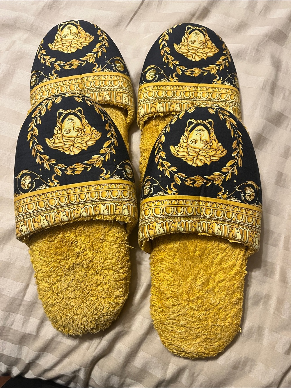His and Hers Versace Gold and Black Barocco Slippers Small&Large